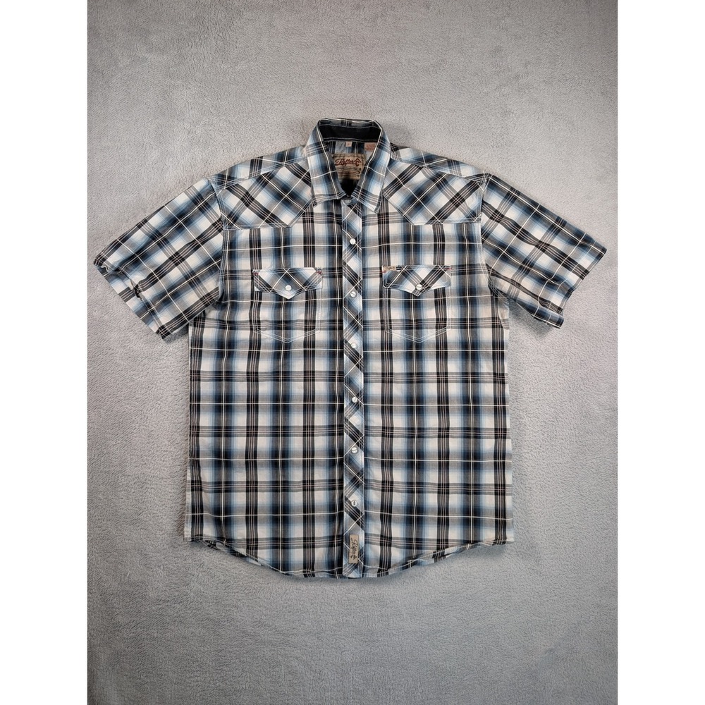 Rafter C Cowboy Mens Blue Plaid Short Sleeve Pearl Snap Western Shirt L